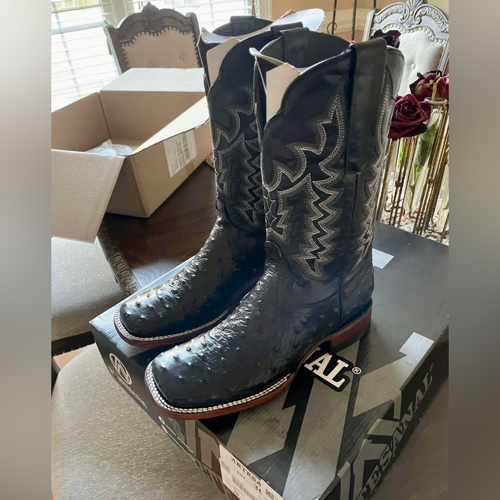 Size 8 - B Width - Men’s Ostrich Double Welt Square Toe Cowboy Boots